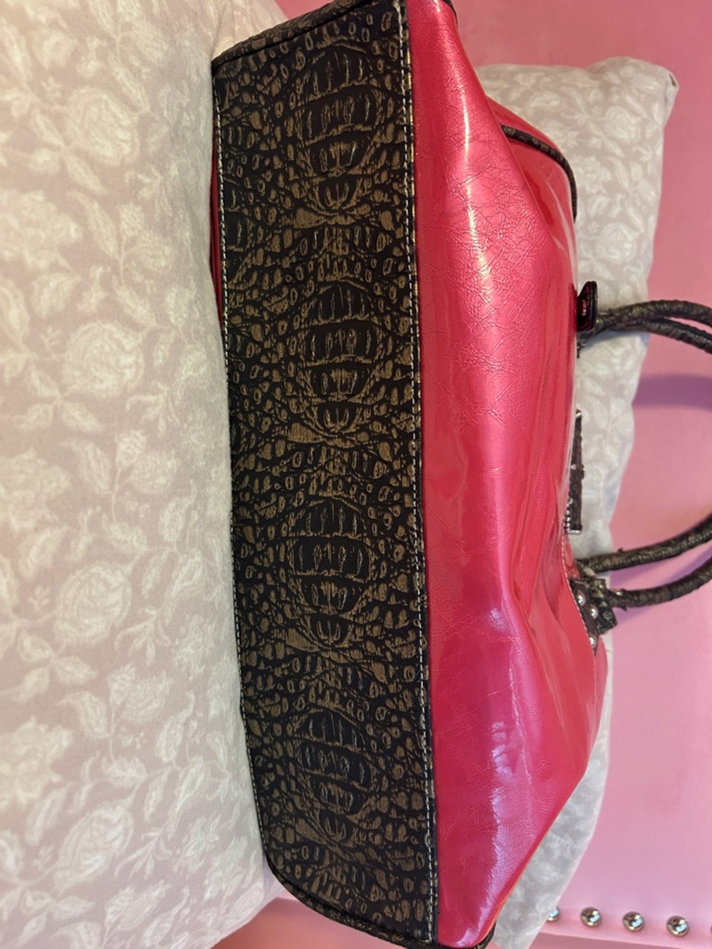 Pink Rhinestone Accent Satchel Handbag - Picture 3 of 7